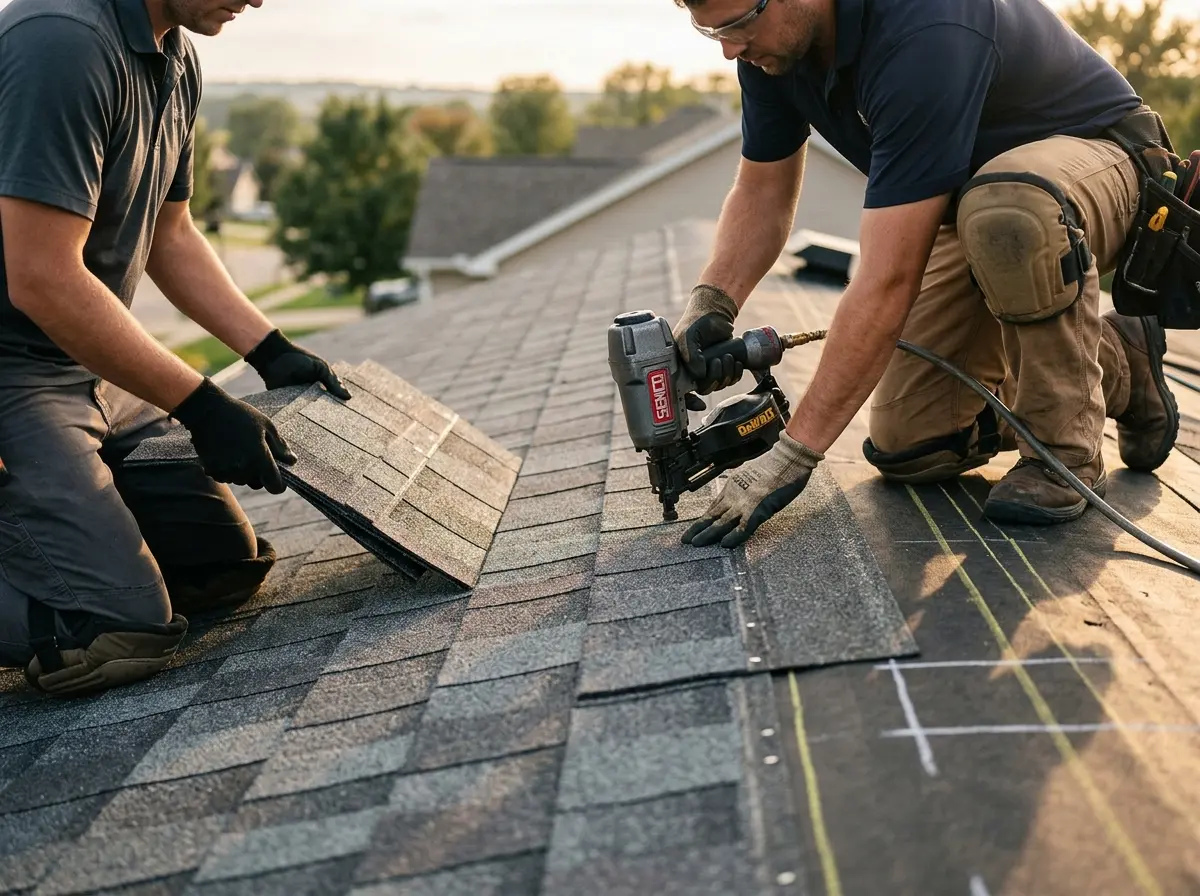 Professional roofer working on a residential roof in Fort Dodge